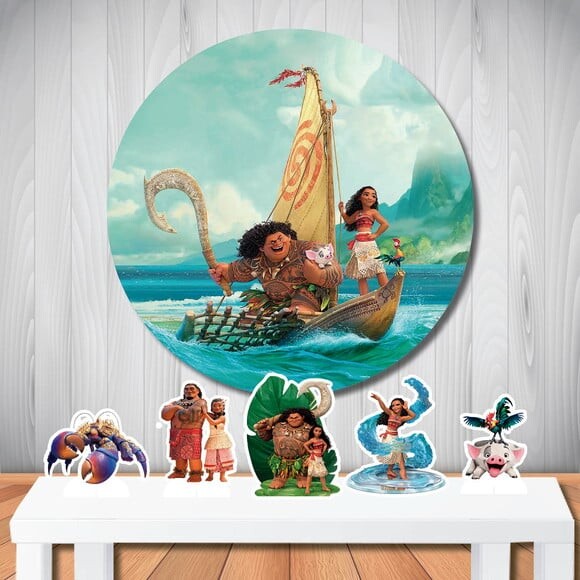 Cenário de Festa Moana Painel Redondo e Kit Totem Mesa