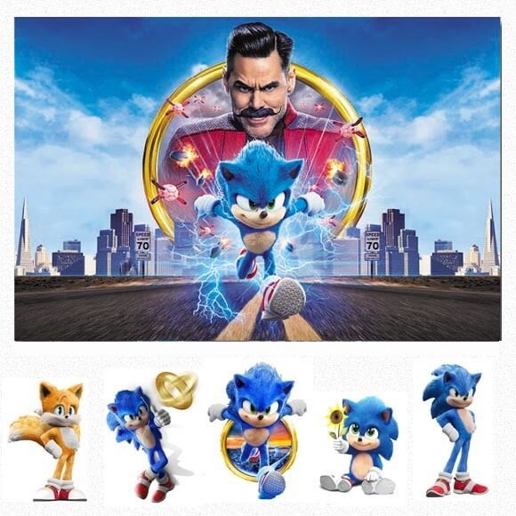 Kit Cenário Festa Sonic Filme - Painel em Lona e 5 Displays