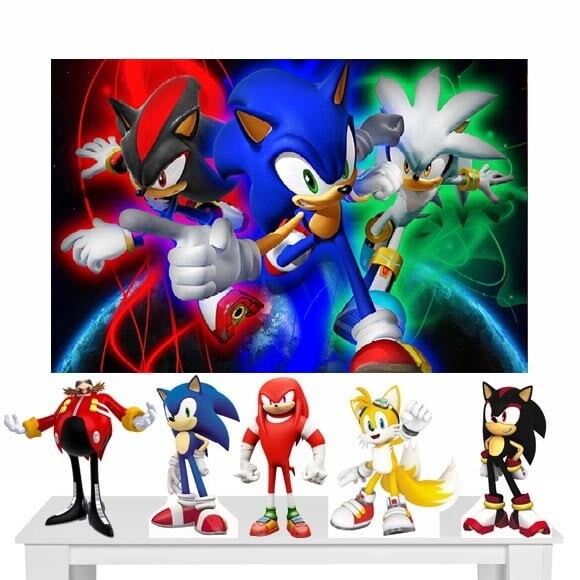 Kit Cenário Festa Sonic - Painel em Lona e 5 Displays