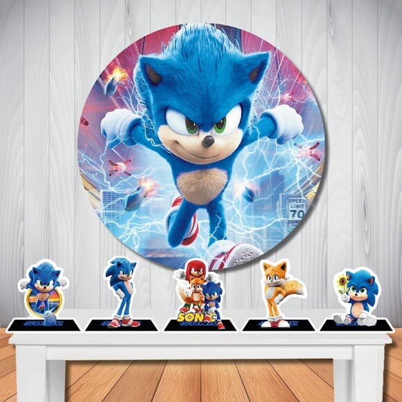 Kit Cenário Sonic Filme Painel Redondo e Display de Mesa