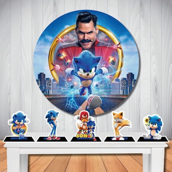 Kit Cenário Sonic Filme Painel Redondo e Display de Mesa