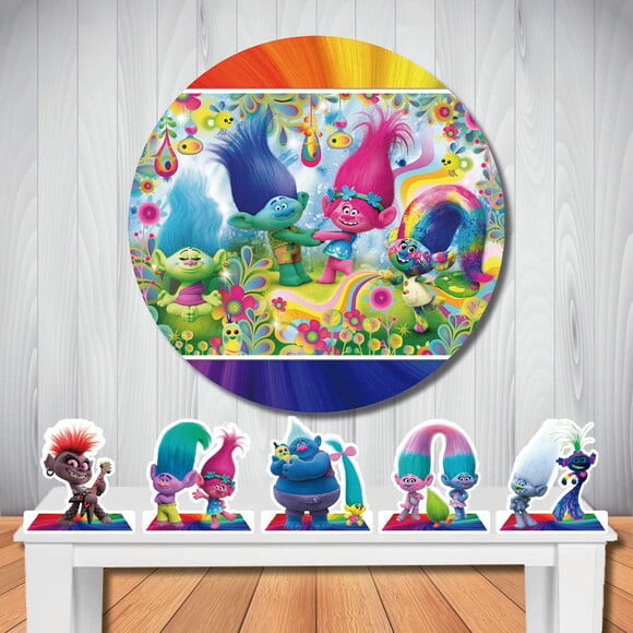 Kit Cenário Trolls Painel Redondo Infantil e Display de Mesa