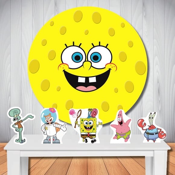 Kit Festa Bob Esponja Painel Redondo e Totem de Mesa