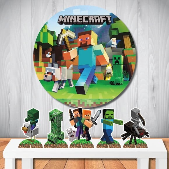 Kit Festa Minecraft Painel Redondo e Display de Mesa