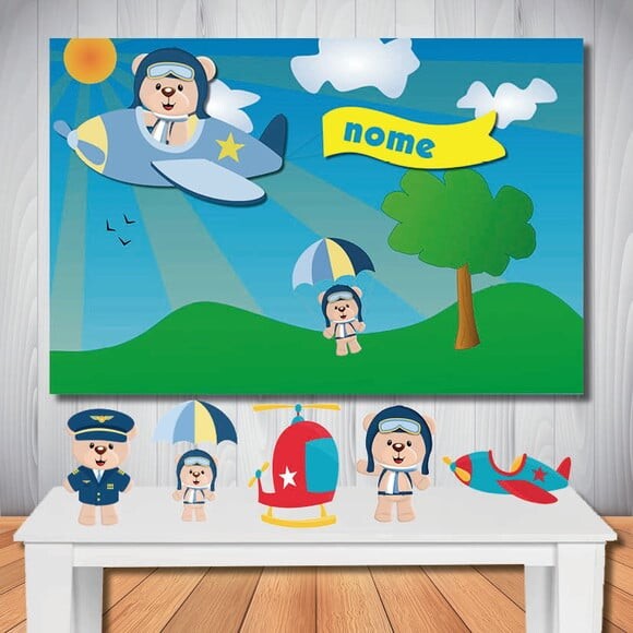 Kit Ursinho Aviador, Painel de Aniversário e Totem de Mesa