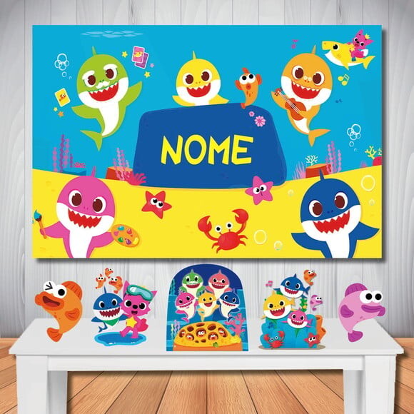 Kit Baby Shark, Painel Cenário 1,50x1,00m e Display de Mesa