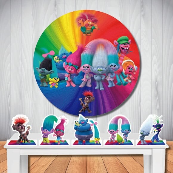 Kit Cenário Trolls Painel Redondo Infantil e Display de Mesa