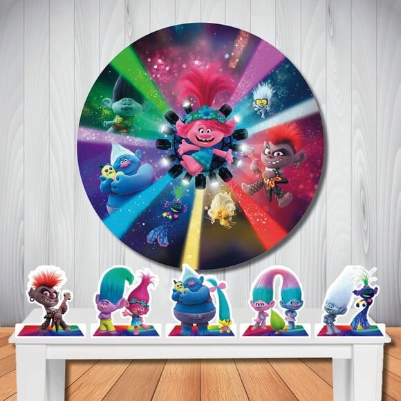 Kit Cenário Trolls Painel Redondo Infantil e Display de Mesa