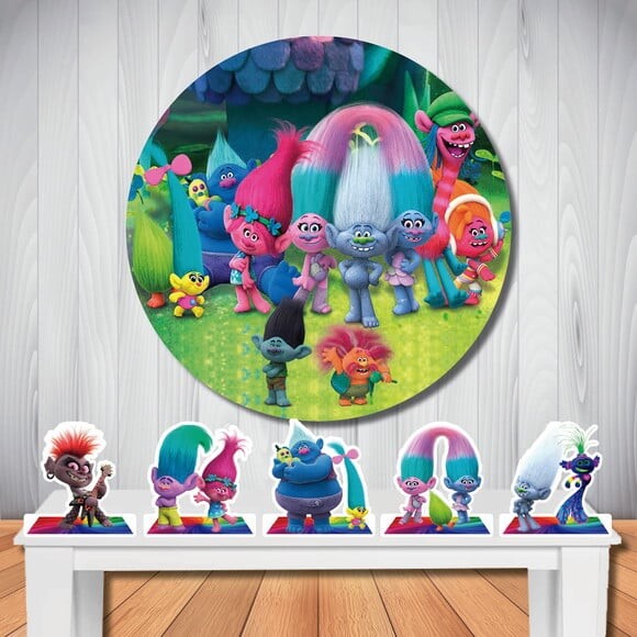 Kit Cenário Trolls Painel Redondo Infantil e Display de Mesa