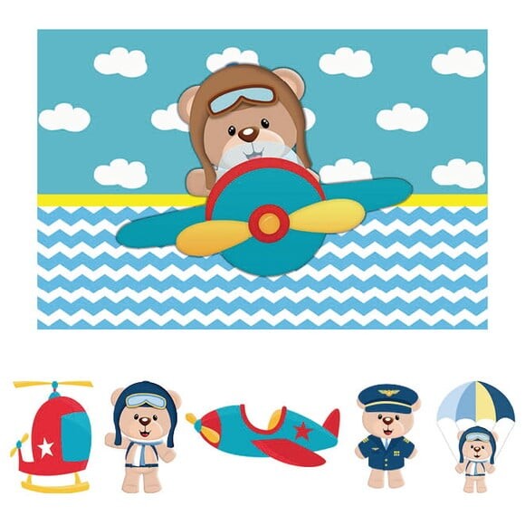 Kit Cenário Ursinho Aviador - Painel em Lona e 5 Displays