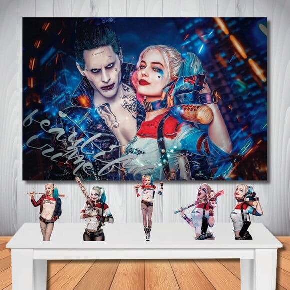Kit Decoração Arlequina, Painel de Festa e Totem de Mesa