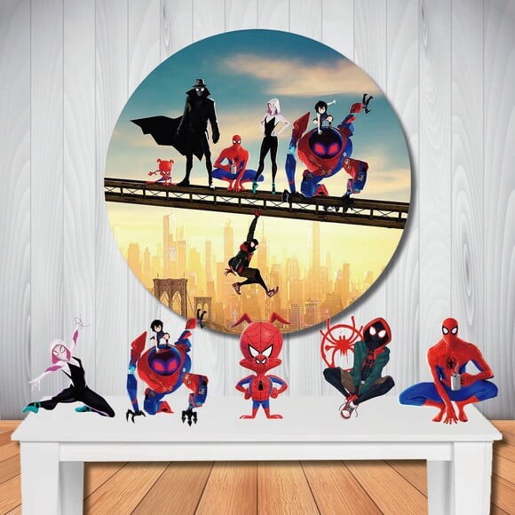 Kit Festa Aranhaverso Painel Redondo e Totem de Mesa