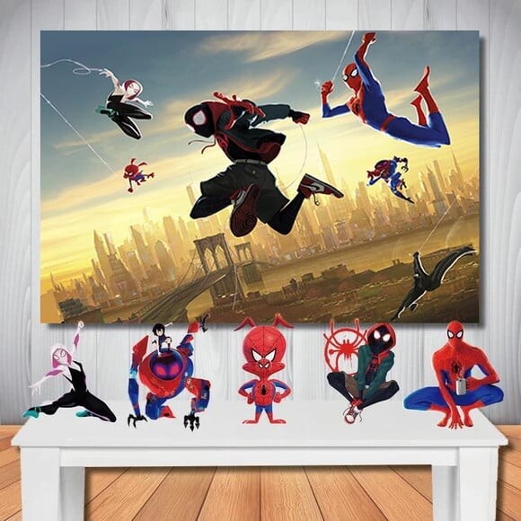 Kit Festa Aranhaverso Painel Infantil 1,5x1,0 Totem de Mesa