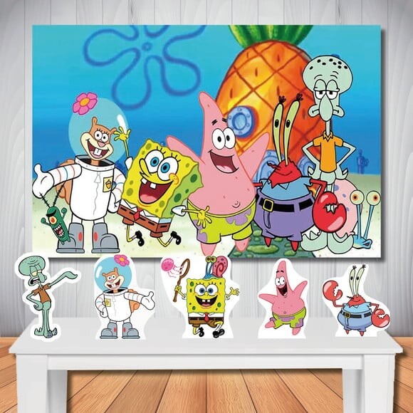 Kit Festa Bob Esponja Painel Infantil e Totem de Mesa