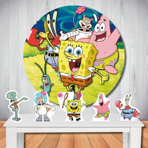 Kit Festa Bob Esponja Painel Redondo e Totem de Mesa