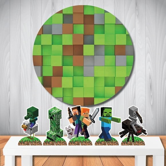 Kit Festa Cenário Minecraft Painel Redondo e Totem de Mesa