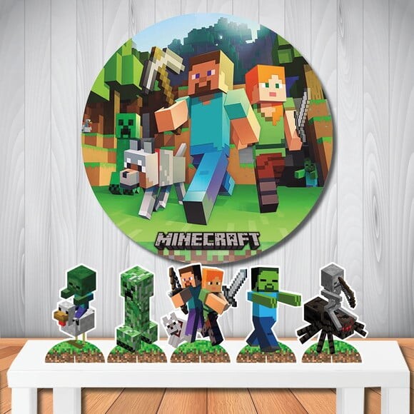Kit Festa Minecraft Painel Redondo e Display de Mesa