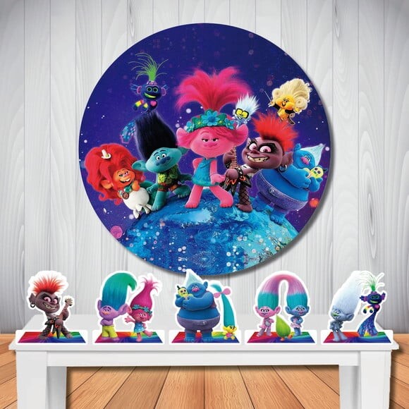 Kit Festa Trolls 2 - Painel Cenário Redondo e Totem de Mesa