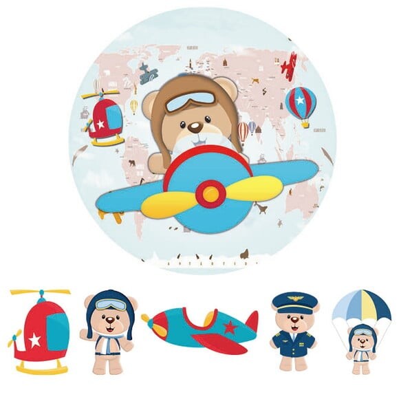 Kit Painel Redondo e Display Ursinho Aviador - 1,50x1,50m