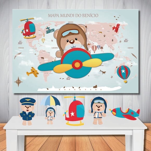 Kit Ursinho Aviador, Painel de Aniversário e Totem de Mesa