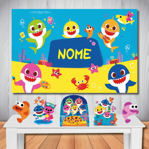 Kit Cenário Festa Baby Shark - Painel em Lona e 5 Displays