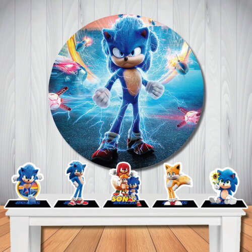 Kit Cenário Sonic Filme Painel Redondo e Display de Mesa