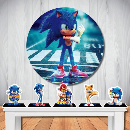 Kit Cenário Sonic Filme Painel Redondo e Display de Mesa
