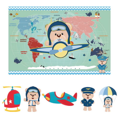 Kit Cenário Ursinho Aviador - Painel em Lona e 5 Displays