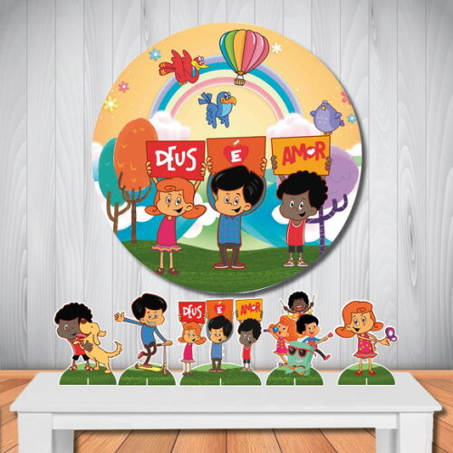 Kit Decoração 3 Palavrinhas Painel Redondo de Festa e Totem