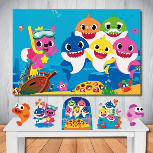 Kit Decoração Baby Shark, Painel de Festa e Display de Mesa