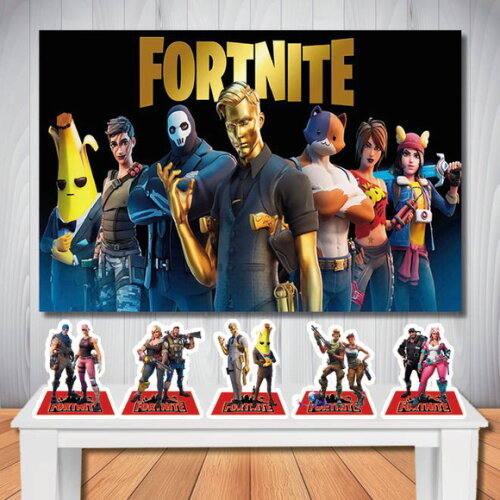 Kit Decoração Fortnite Painel 1,50x1,00m e Totem de Mesa