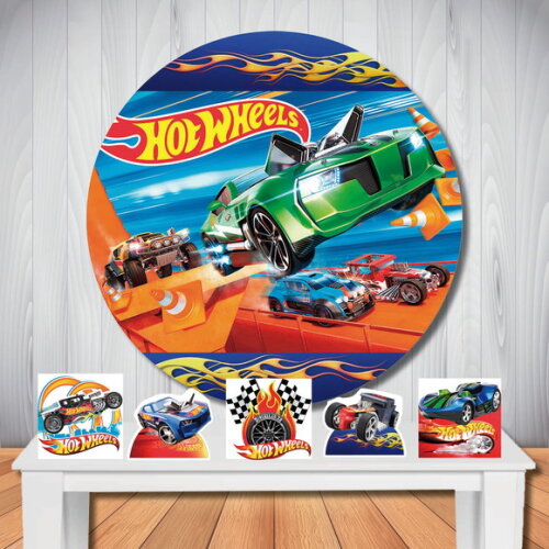 Kit Decoração Hot Wheels Painel Redondo e Display de Mesa