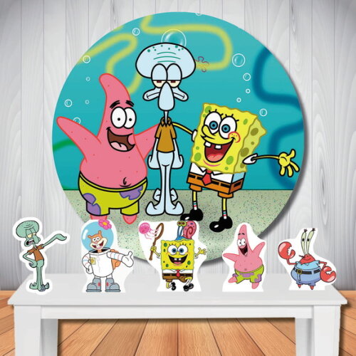 Kit Festa Bob Esponja Painel Redondo e Totem de Mesa