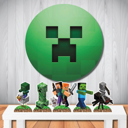 Kit Festa Cenário Minecraft Painel Redondo Infantil e Totem