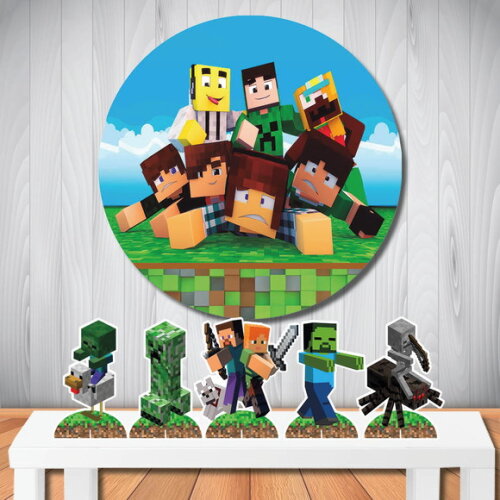 Kit Festa Minecraft Painel Redondo e Display de Mesa