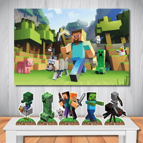 Kit Festa Minecraft Painel de Festa e Display de Mesa