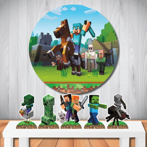 Kit Festa Minecraft Painel Redondo e Display de Mesa