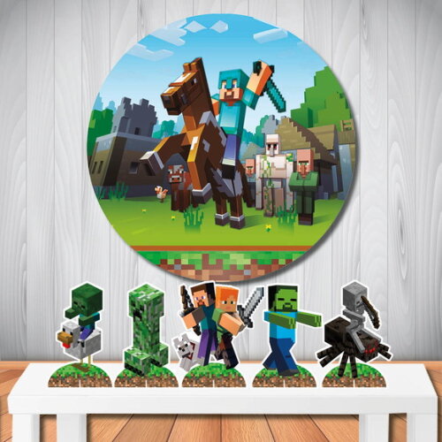 Kit Festa Minecraft Painel Redondo e Totem de Mesa