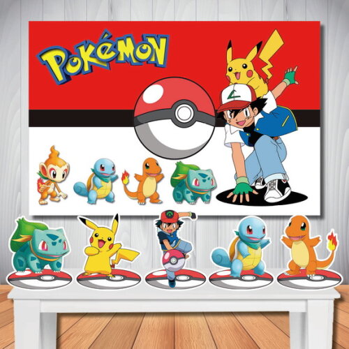 Kit Festa Pokémon Painel Infatil 1,5x1,0m e Display de Mesa