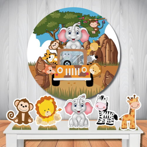 Kit Painel de Aniversário Redondo 1,5m e Display mdf Safari
