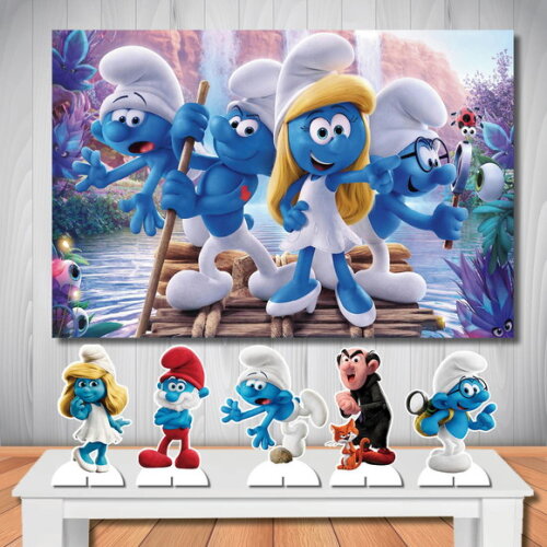 Kit Painel de Festa Cenário 1,5x1,0m e Display mdf os Smurfs