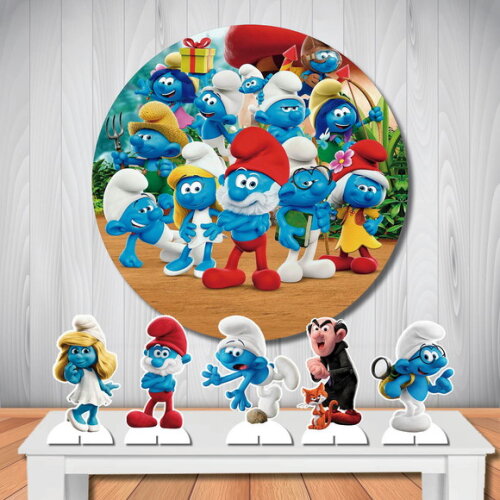 Kit Painel de Festa Redondo 1,5m e Display de Mesa os Smurfs
