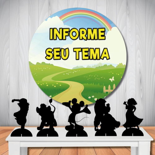 Kit Painel de Festa Redondo 1,5m e Display de Mesa Temas