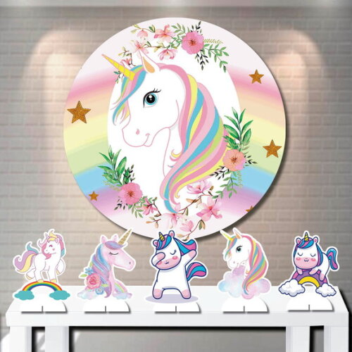 Kit Painel de Festa Redondo 1,5m e Display mdf Unicórnio