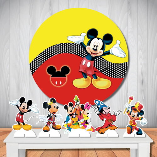 Kit Painel de Festa Redondo 1,5m e Totem de Mesa Mickey