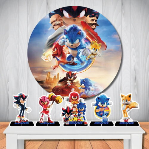 Kit Painel Redondo de Festa 1,50m e Display de Mesa Sonic 3