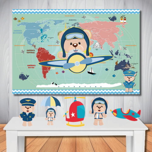 Kit Ursinho Aviador, Painel de Aniversário e Totem de Mesa