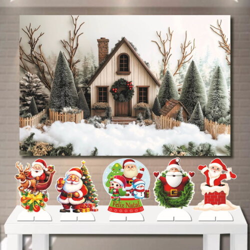 Painel Cenário 1,5x1,0m e Kit Display mdf Natal Casa na Neve