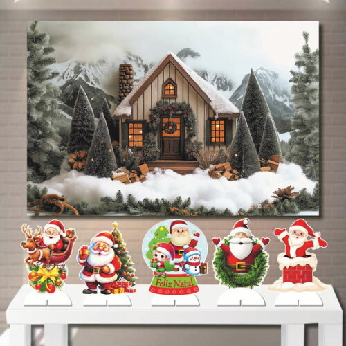 Painel Cenário 1,5x1,0m e Kit Display mdf Natal Casa na Neve