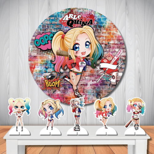 Painel de Festa Redondo 1,5x1,5m e Display Arlequina Cute